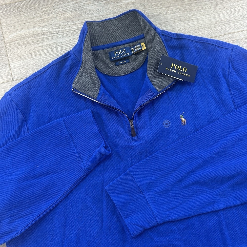 Polo Ralph Lauren 2XL Blue Estate-Rib Quarter Zip Mock Neck Pullover Sweater